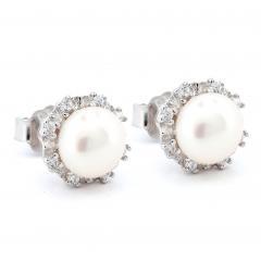 Strieborné náušnice s bielou perlou a zirkónmi