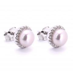 Strieborné náušnice bielou perlou a zirkónmi