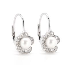Strieborné náušnice s bielou perlou a zirkónmi
