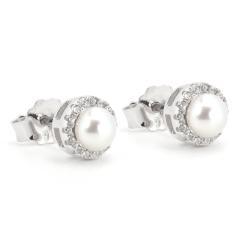 Strieborné náušnice bielou perlou a zirkónmi
